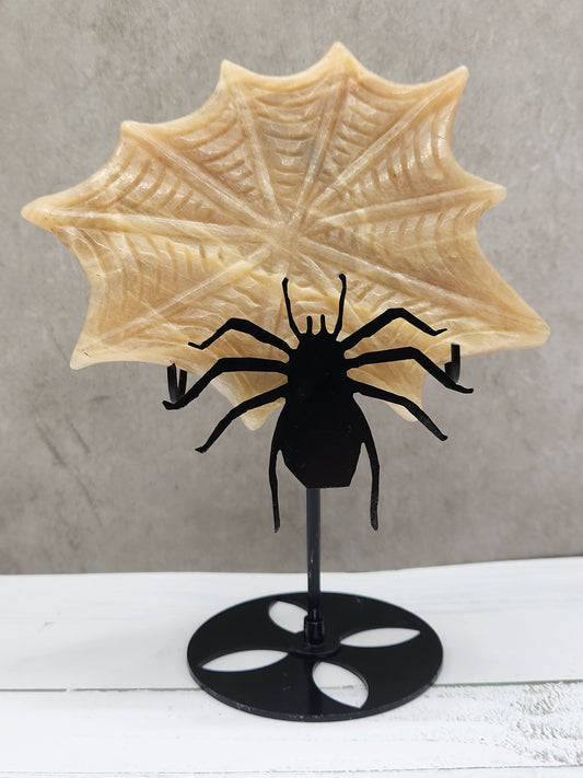 Honey Calcite Spider Web Carving With Stand